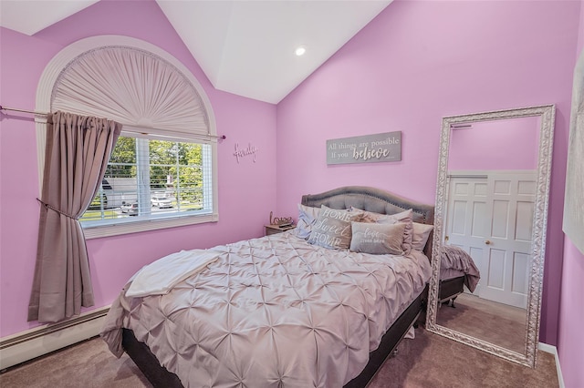 12 Barbera Rd, Commack, NY 11725 - carpeted bedroom with lofted ceiling, baseboard heating, and recessed lighting