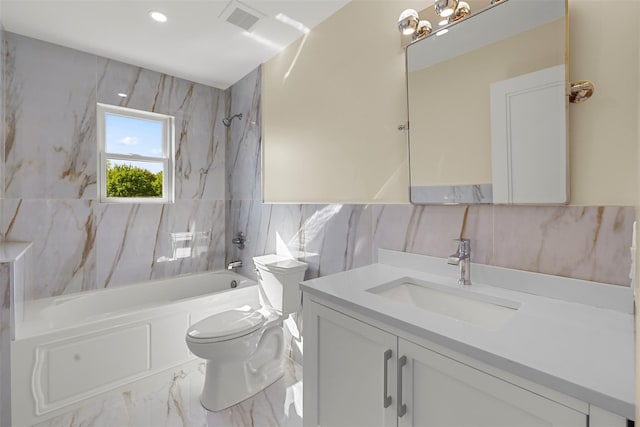 full bath featuring toilet, bathing tub / shower combination, tile walls, visible vents, and marble finish floor