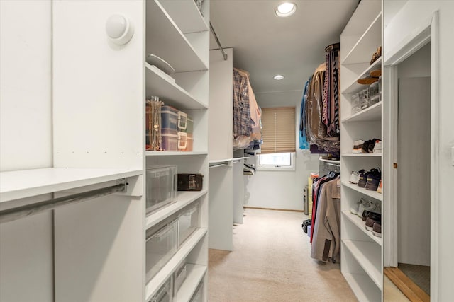 walk in closet with light carpet