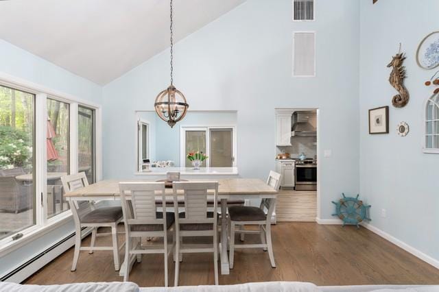 6 Circle Dr, Shoreham, NY 11786 - dining area featuring high vaulted ceiling, a chandelier, wood finished floors, and a baseboard radiator