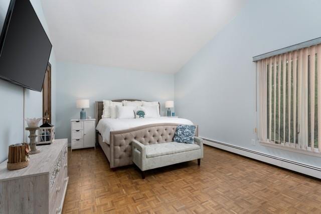 6 Circle Dr, Shoreham, NY 11786 - bedroom with baseboard heating and vaulted ceiling