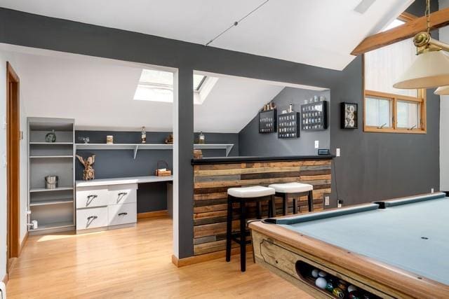 6 Circle Dr, Shoreham, NY 11786 - rec room with a dry bar, vaulted ceiling, light wood-style floors, and pool table