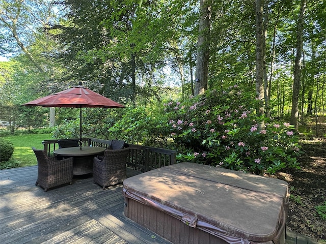 6 Circle Dr, Shoreham, NY 11786 - wooden deck featuring outdoor dining area and a covered hot tub