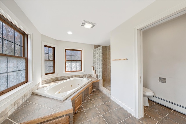full bath with walk in shower, baseboard heating, toilet, a tub with jets, and visible vents