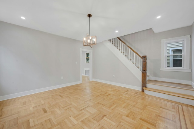 39 Crestmont Ave, Yonkers, NY 10704 - empty room featuring baseboards, stairs, a chandelier, and recessed lighting