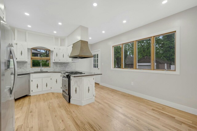 39 Crestmont Ave, Yonkers, NY 10704 - kitchen with appliances with stainless steel finishes, a sink, tasteful backsplash, island exhaust hood, and light wood finished floors