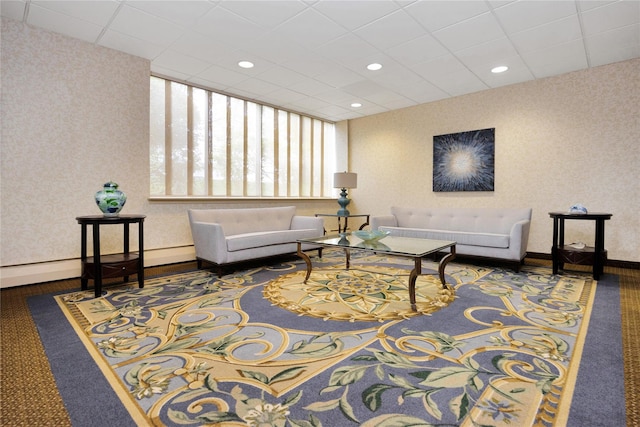 40 Daley Pl Unit 230, Lynbrook, NY 11563 - carpeted living room featuring wallpapered walls, baseboards, and recessed lighting