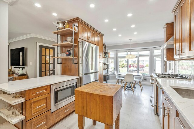 kitchen with open shelves, stainless steel appliances, crown molding, recessed lighting, and light stone countertops