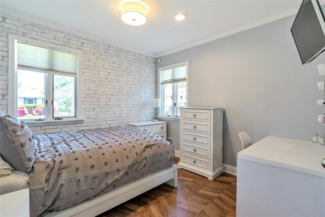 bedroom with ornamental molding, brick wall, a desk, baseboards, and recessed lighting