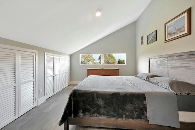 bedroom with baseboards, wood finished floors, lofted ceiling, and multiple closets