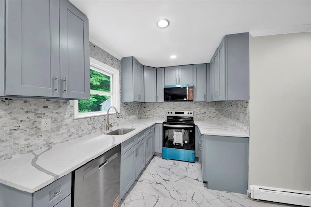 83 Sherwood Rd, Cortlandt Manor, NY 10567 - kitchen with appliances with stainless steel finishes, gray cabinets, a sink, a baseboard heating unit, and light marble finish flooring