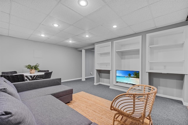 living room featuring built in features, baseboards, recessed lighting, and dark carpet