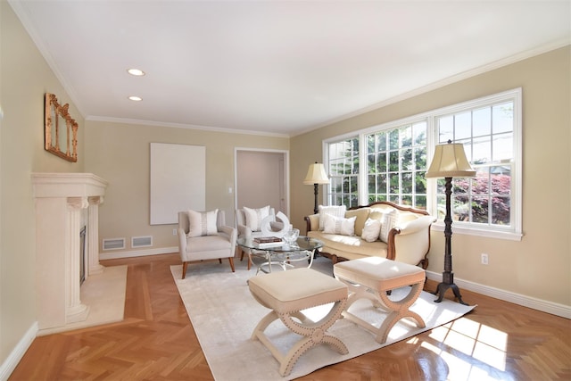 668 Francis St, Pelham, NY 10803 - living area with ornamental molding, baseboards, visible vents, and recessed lighting