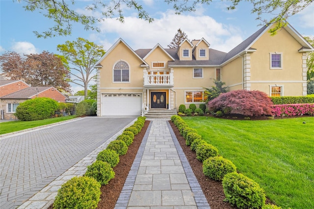 668 Francis St, Pelham, NY 10803 - view of front of house with a garage, stucco siding, a front lawn, and driveway