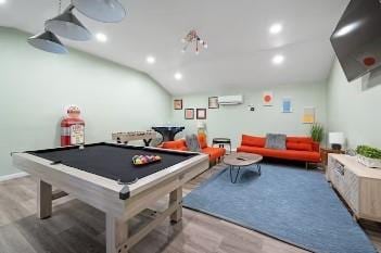 7181 County Highway 7, Roscoe, NY 12776 - game room featuring wood finished floors, recessed lighting, billiards, vaulted ceiling, and a wall mounted AC