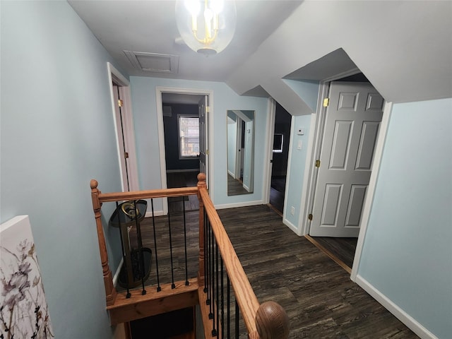 7181 County Highway 7, Roscoe, NY 12776 - hallway featuring an upstairs landing, dark wood-style flooring, baseboards, and vaulted ceiling