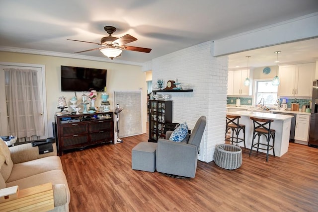 21 Potter Ln, Levittown, NY 11756 - living room featuring ceiling fan, wood finished floors, and ornamental molding