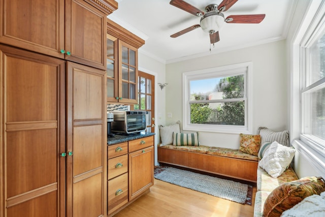 interior space featuring a wealth of natural light, light wood-type flooring, and ornamental molding