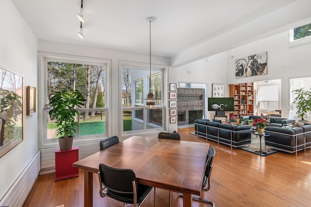 dining room featuring rail lighting, a fireplace, and wood finished floors