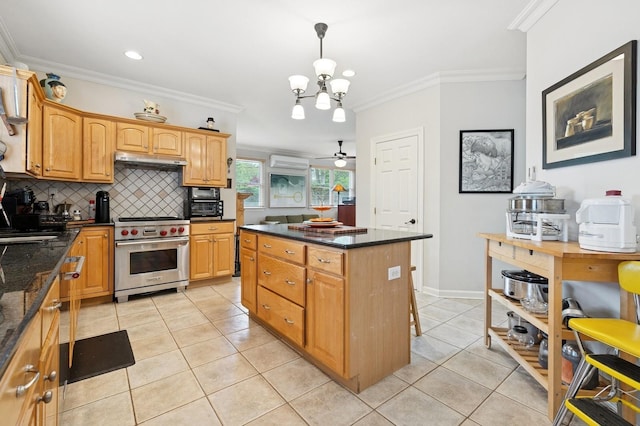 91 Soundview Dr, Rocky Point, NY 11778 - kitchen with luxury stove, ornamental molding, light tile patterned flooring, decorative backsplash, and a kitchen island