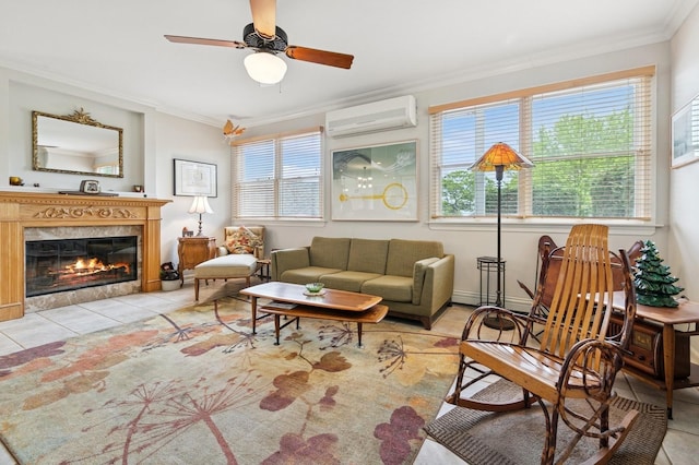 91 Soundview Dr, Rocky Point, NY 11778 - living room featuring a wall mounted AC, ornamental molding, ceiling fan, light tile patterned flooring, and a premium fireplace