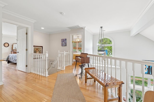91 Soundview Dr, Rocky Point, NY 11778 - hallway featuring an upstairs landing, light wood-type flooring, recessed lighting, crown molding, and baseboards