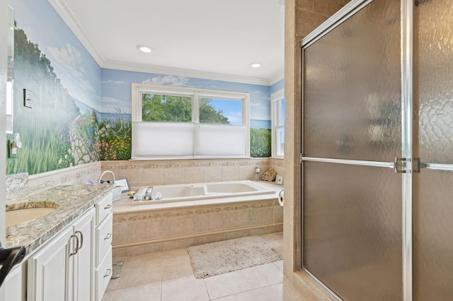 91 Soundview Dr, Rocky Point, NY 11778 - full bathroom with crown molding, tile patterned floors, a shower stall, a garden tub, and vanity