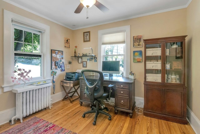 65 Hamilton Pl, Tarrytown, NY 10591 - office with radiator, ceiling fan, light wood-style floors, baseboards, and ornamental molding