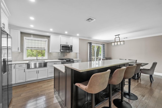 kitchen featuring a sink, crown molding, stainless steel appliances, and visible vents