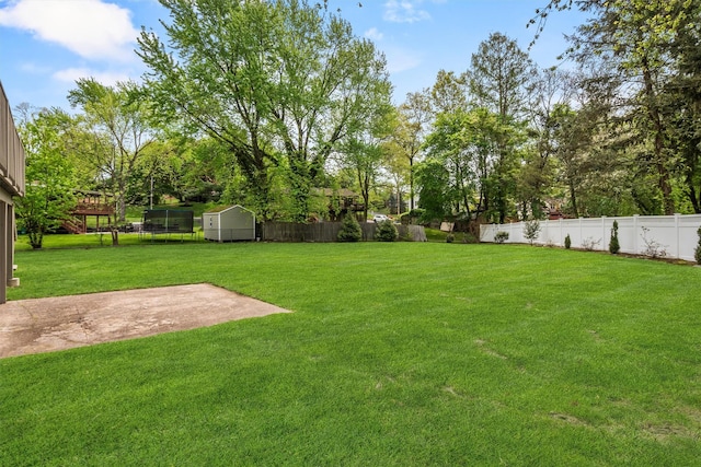 view of yard with an outdoor structure, a patio, a fenced backyard, and a shed