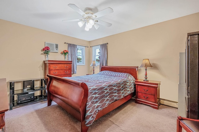carpeted bedroom with a baseboard radiator, a ceiling fan, and a wall mounted air conditioner