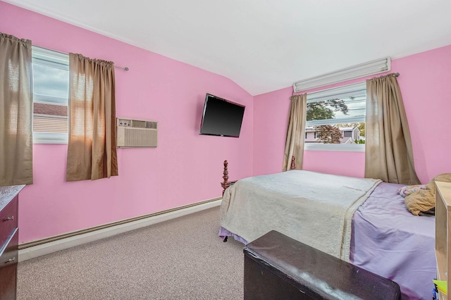 carpeted bedroom with lofted ceiling, a baseboard radiator, and a wall unit AC