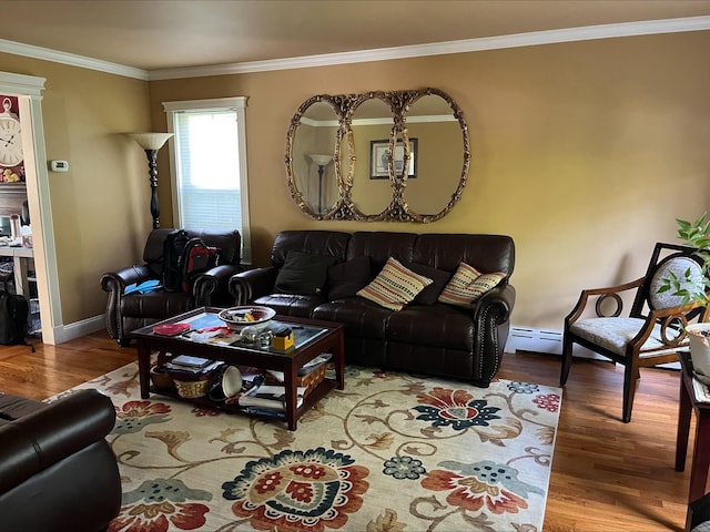 living area with crown molding, baseboards, and wood finished floors