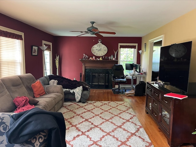 living room with a baseboard radiator, light wood finished floors, ceiling fan, and a premium fireplace