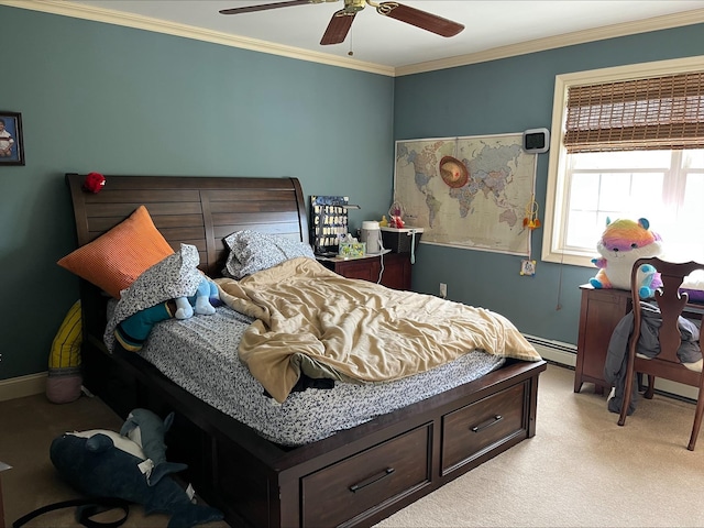 bedroom with ceiling fan, light colored carpet, crown molding, baseboards, and a baseboard radiator