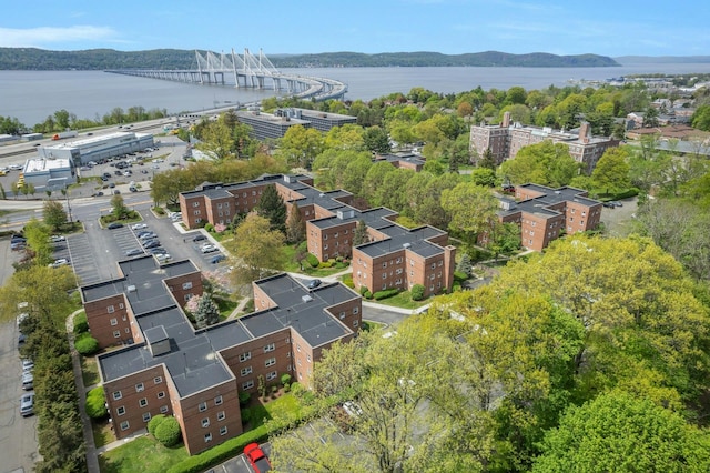 drone / aerial view featuring a water and mountain view