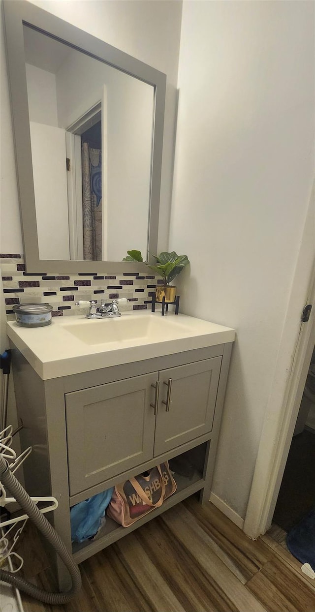 bathroom featuring vanity, decorative backsplash, and wood finished floors