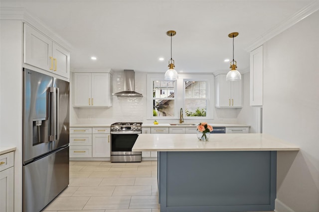 224 Leicester St, Port Chester, NY 10573 - kitchen featuring appliances with stainless steel finishes, wall chimney exhaust hood, light countertops, a sink, and white cabinetry