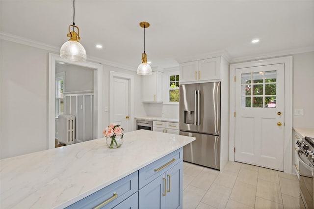 224 Leicester St, Port Chester, NY 10573 - kitchen featuring stainless steel refrigerator with ice dispenser, white cabinetry, crown molding, gas range oven, and hanging light fixtures