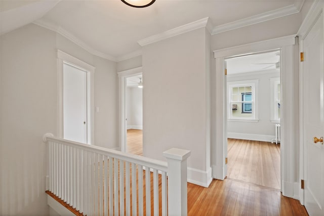 224 Leicester St, Port Chester, NY 10573 - hallway featuring an upstairs landing, hardwood / wood-style flooring, radiator heating unit, crown molding, and baseboards