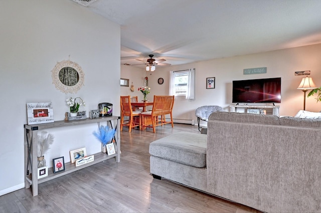 80 Saint Anns Ave, Copiague, NY 11726 - living area featuring ceiling fan, wood finished floors, baseboards, and baseboard heating