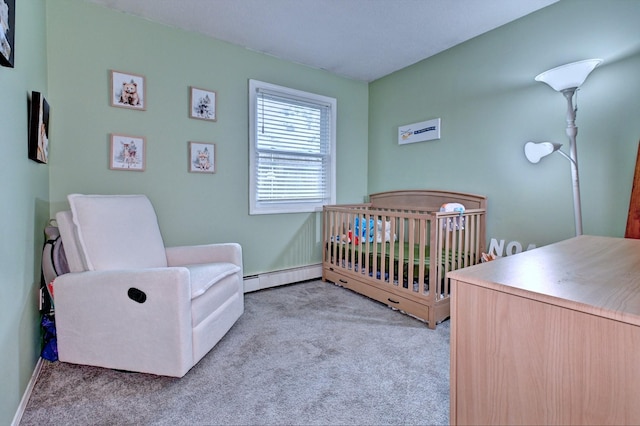 80 Saint Anns Ave, Copiague, NY 11726 - carpeted bedroom with a baseboard radiator, a crib, and baseboards