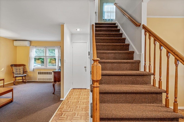 39-27 216th St, Bayside, NY 11361 - staircase featuring radiator heating unit, an AC wall unit, crown molding, baseboards, and recessed lighting