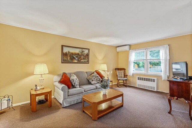 39-27 216th St, Bayside, NY 11361 - living room featuring radiator heating unit, a wall mounted AC, carpet, and baseboards