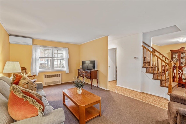 39-27 216th St, Bayside, NY 11361 - living area with radiator, a wall mounted AC, stairs, and baseboards