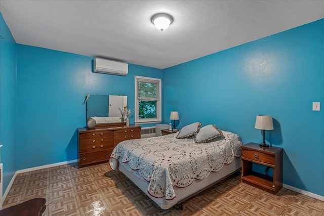 39-27 216th St, Bayside, NY 11361 - bedroom with radiator, a wall unit AC, baseboards, and a textured ceiling