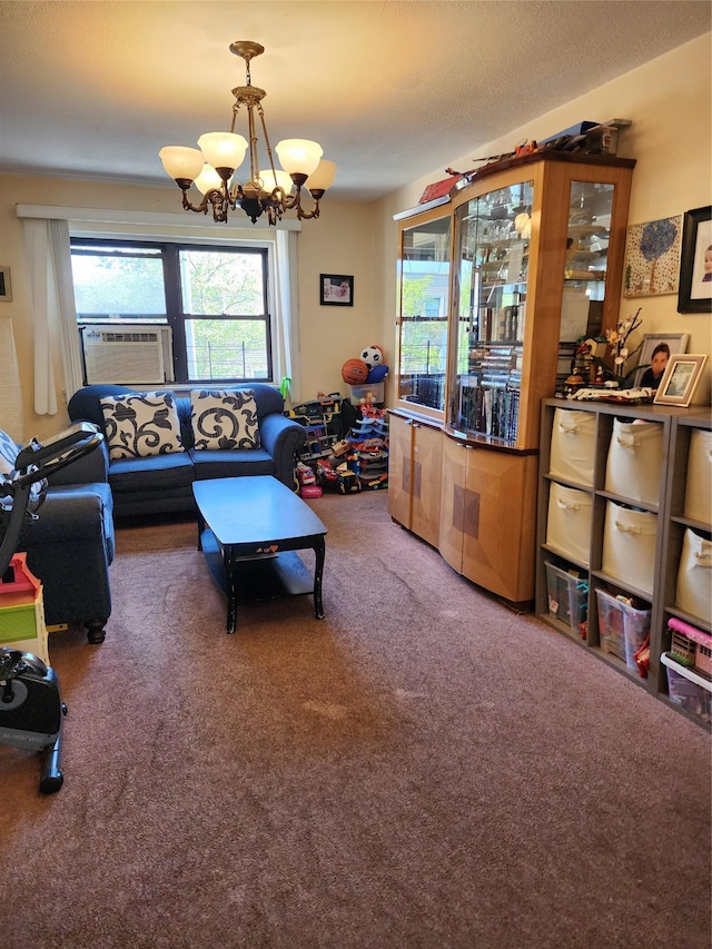 carpeted living room with a chandelier, plenty of natural light, and cooling unit