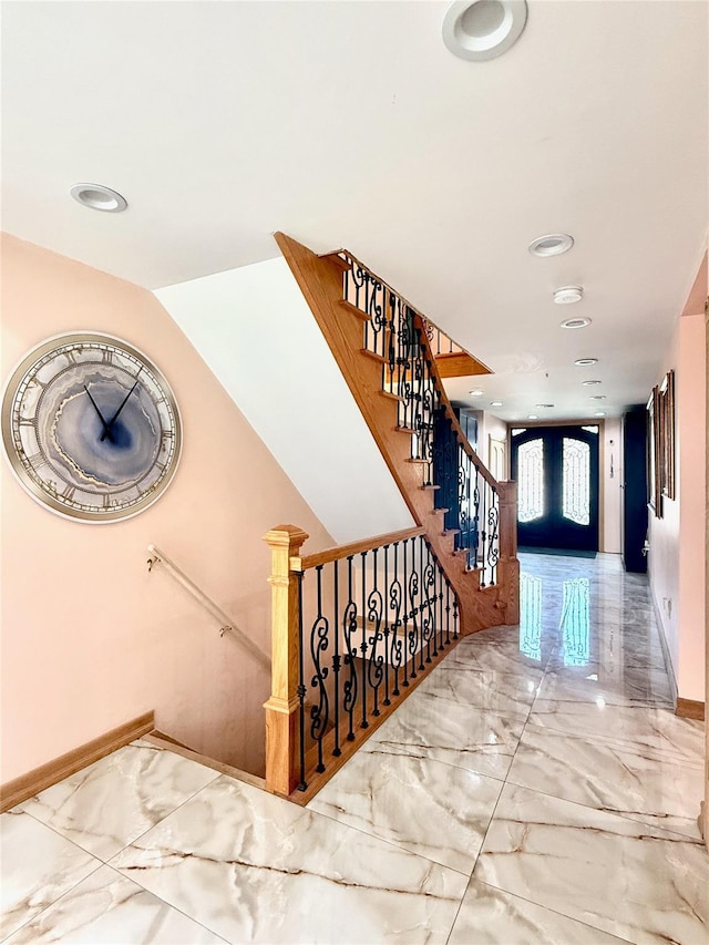 1601 Union Ave, Hewlett, NY 11557 - stairway with marble finish floor, baseboards, and recessed lighting