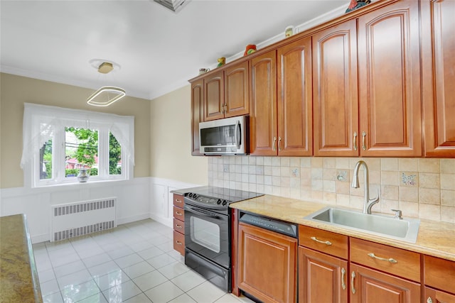 kitchen with dishwasher, radiator, a sink, stainless steel microwave, and black electric range