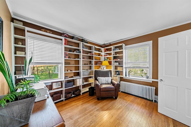 sitting room with crown molding, radiator, and hardwood / wood-style floors